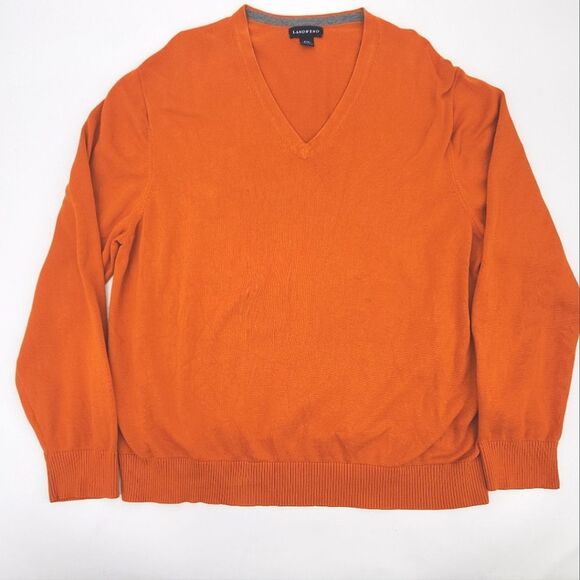 Lands' End Mens Sweater Size XXL Orange V-Neck 100% Cotton Fall Winter Cabincore - Picture 1 of 9